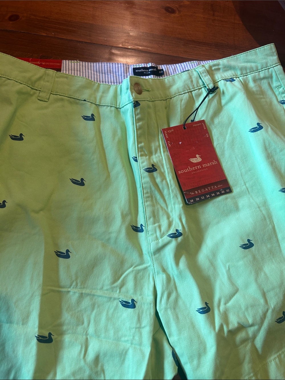 Southern Marsh Mint Green Swim Shorts with Navy Duck Motif